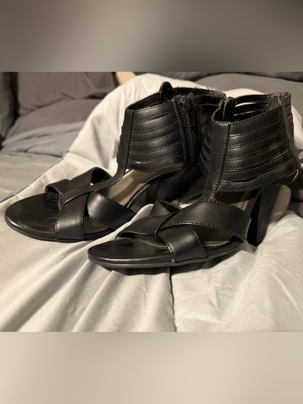 le chateau Black Strappy Block Heel Sandals with Ankle Cuff